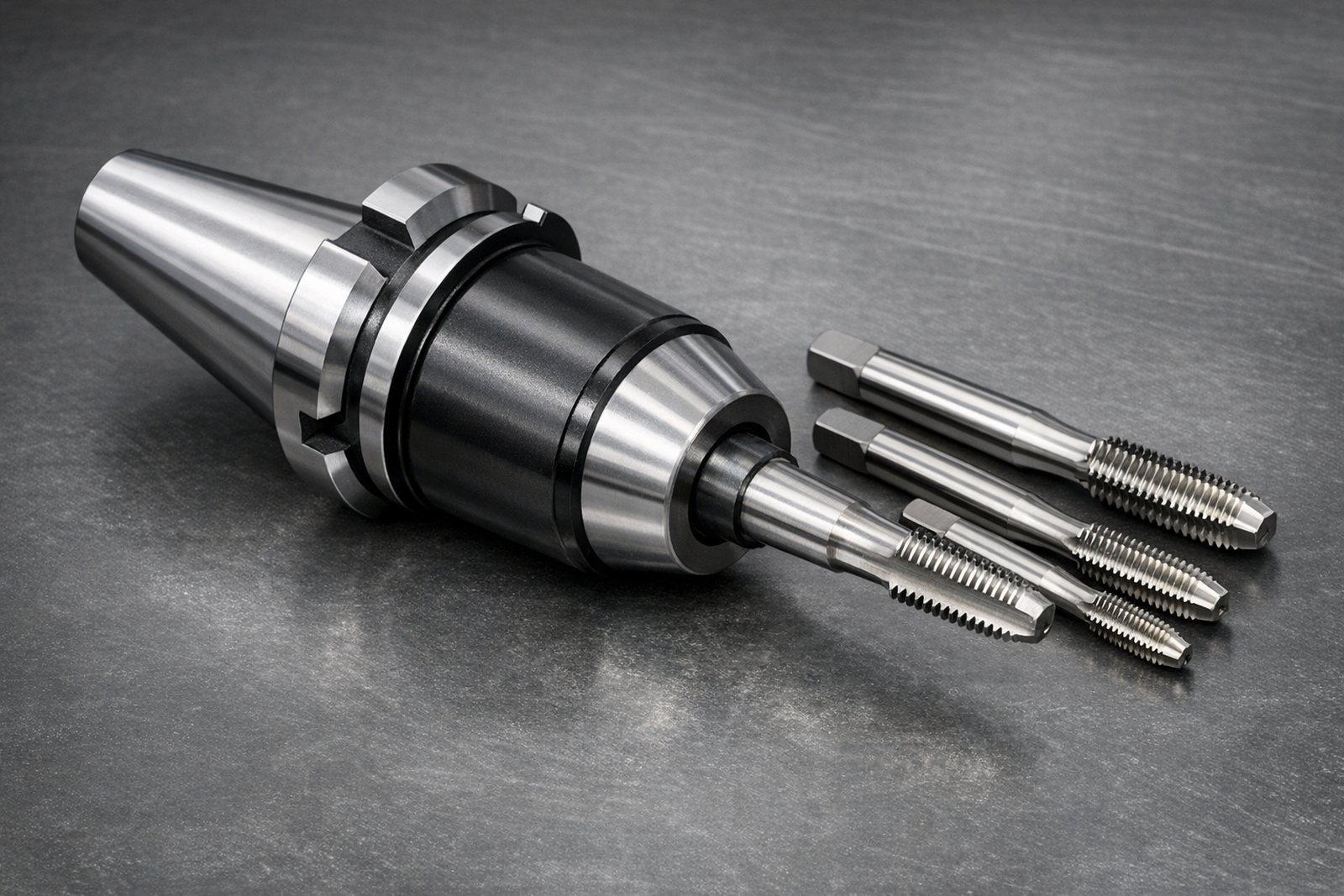 Steel CNC tapping holder with a machine tap, spare quick-change adapters and taps on a workbench