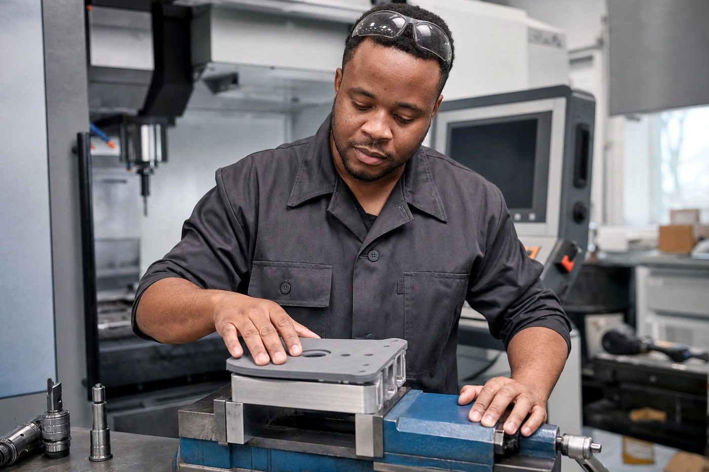 Tooling applications engineer checking a printed drill guide plate against a machined part clamped in a machine vise