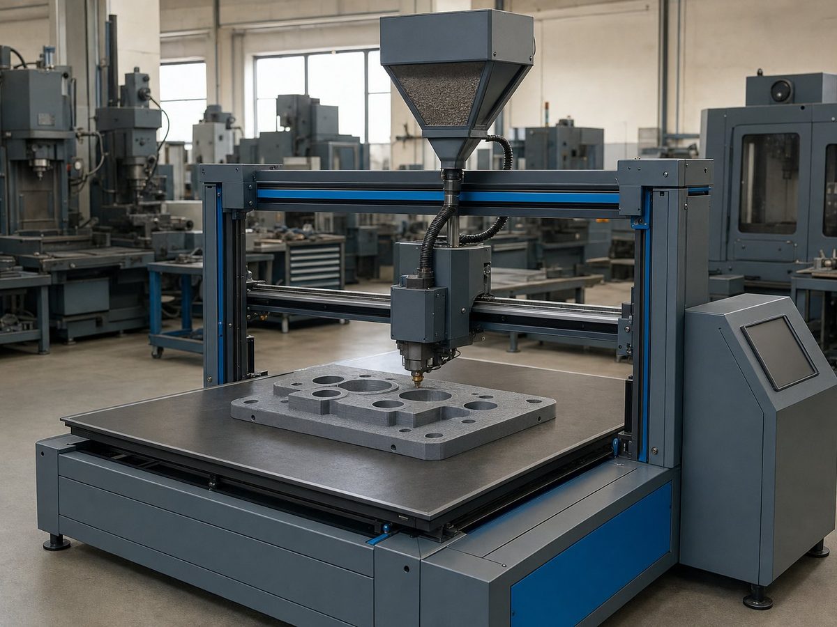 Large-format pellet 3D printer with an overhead hopper printing a drill-guide fixture plate in the Tooling demo bay