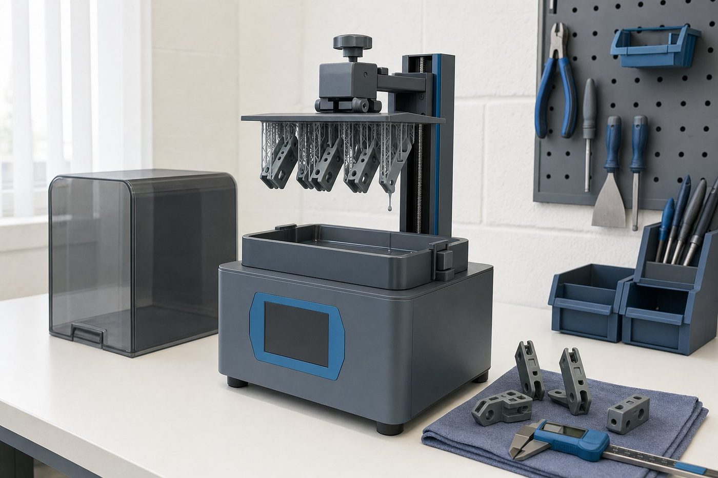 Resin LCD 3D printer with its lid off and small grey inspection gauges hanging from the raised build plate, finished gauges and a digital caliper beside it