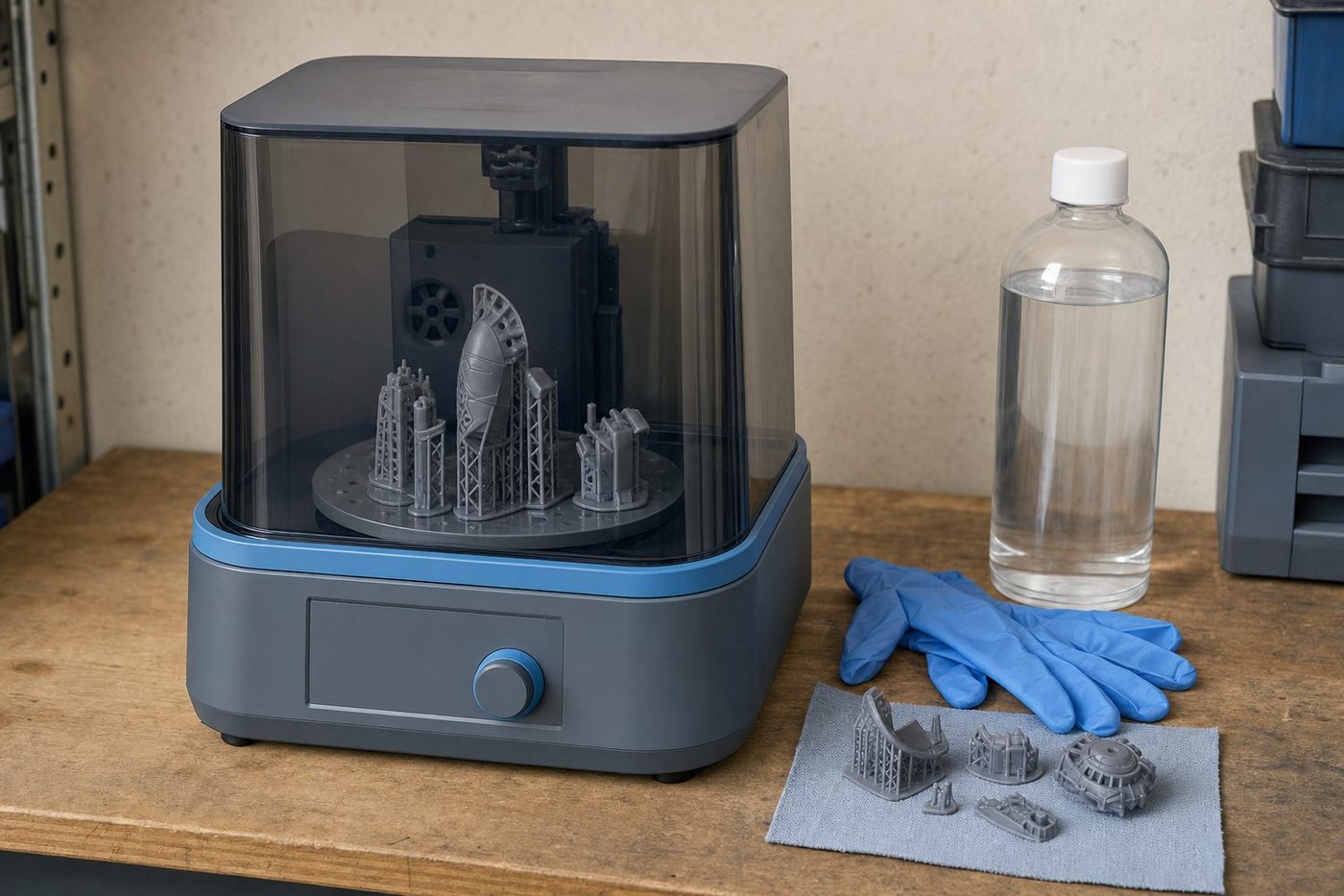 Resin wash and UV curing station with a smoked grey hood holding freshly printed grey parts, gloves and cured parts on the bench